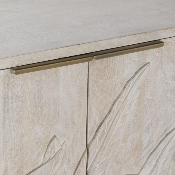 Whitewash media console with hand carved foliage on doors, detail