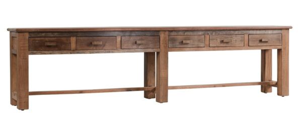 Extra long reclaimed wood console table with drawers