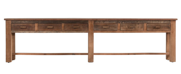 Extra long reclaimed wood console table with drawers, front