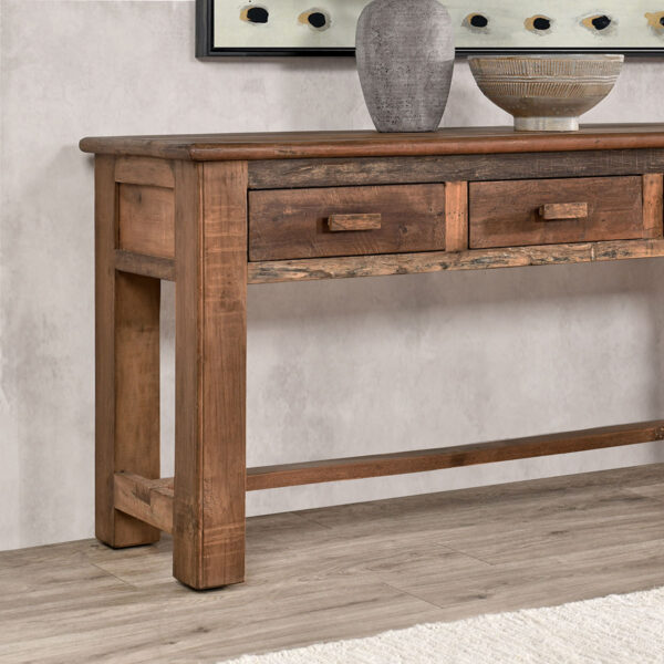 Extra long reclaimed wood console table with drawers, detail