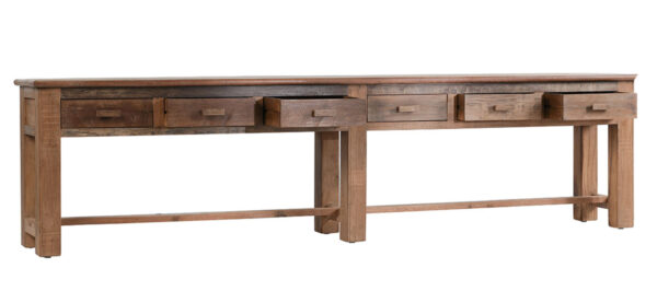 Extra long reclaimed wood console table with drawers, open