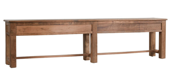 Extra long reclaimed wood console table with drawers, back