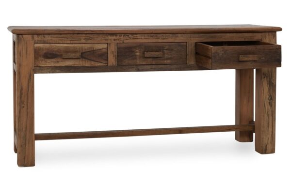 Reclaimed rustic wood console table with drawers, front