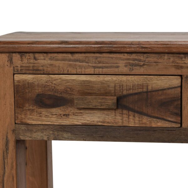 Reclaimed rustic wood console table with drawers, close up