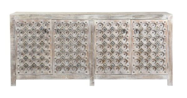 Whitewash sideboard with antique carved Indian doors, front