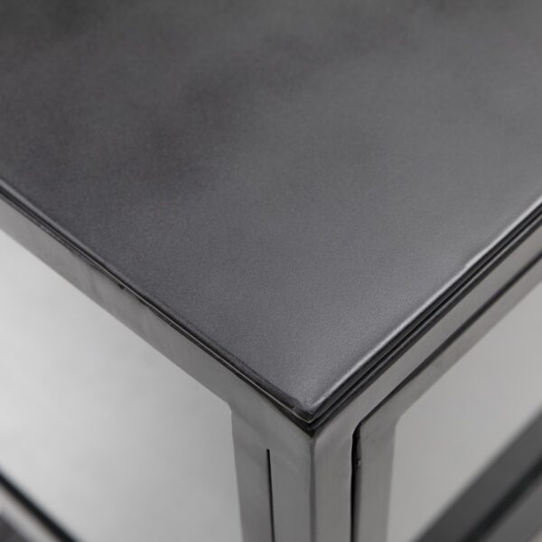 Black iron console with glass doors and shelf, detail