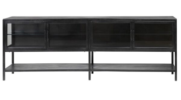 Black iron console with glass doors and shelf, front