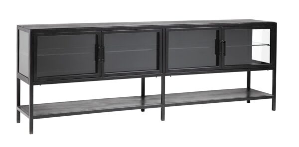 Black iron console with glass doors and shelf