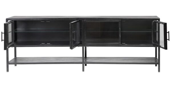Black iron console with glass doors and shelf, open