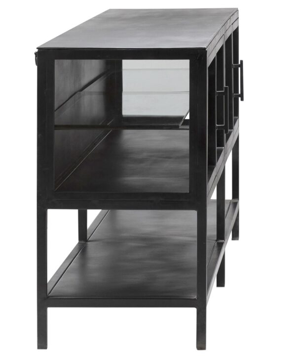 Black iron console with glass doors and shelf, profile