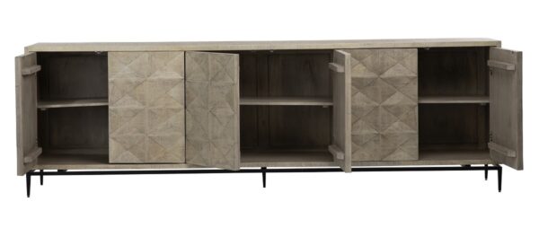 Extra long media console in light brown, open