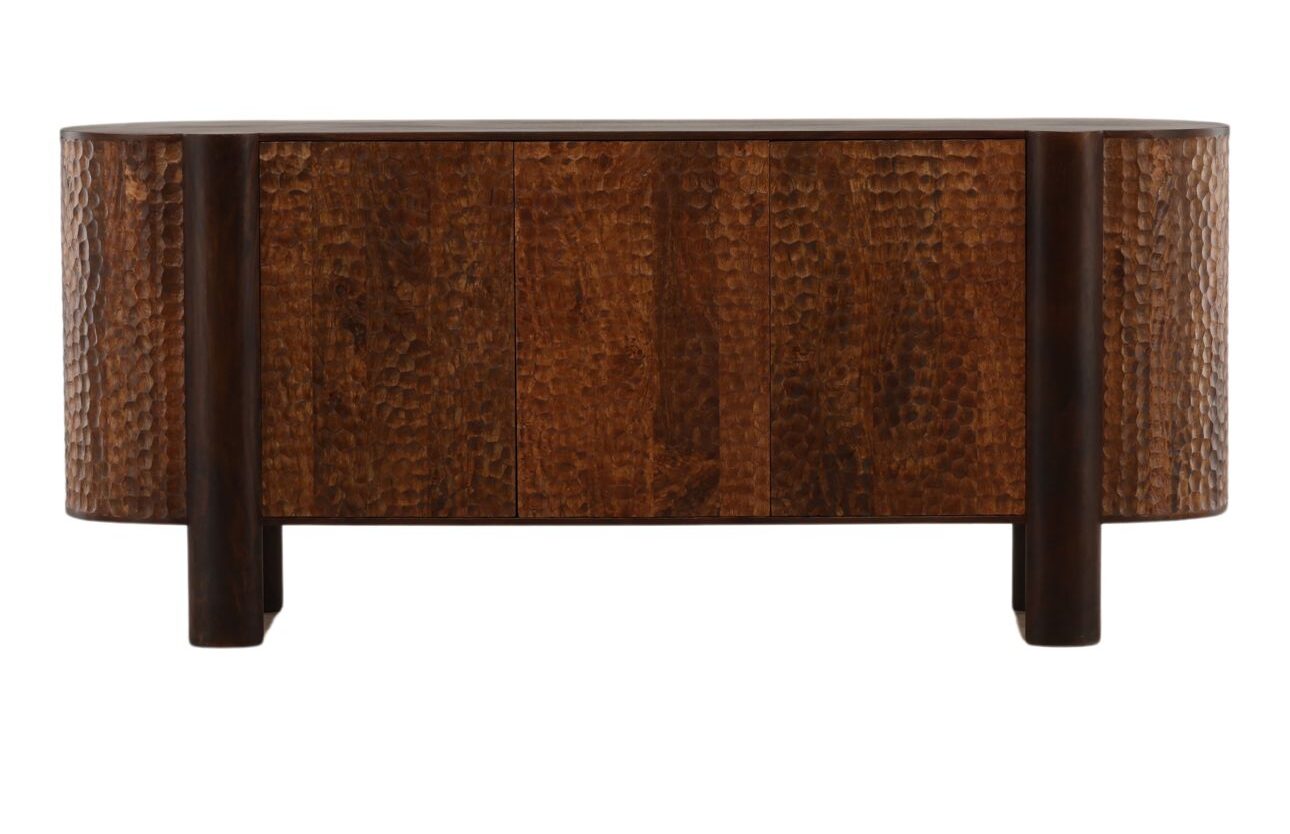 Three-door mango wood sideboard with carved geometric door detailing, natural wood finish, and concealed interior storage. Front view