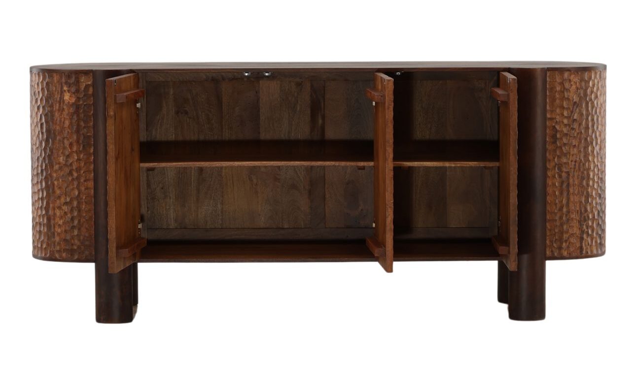Three-door mango wood sideboard with carved geometric door detailing, natural wood finish, and concealed interior storage. Open door view