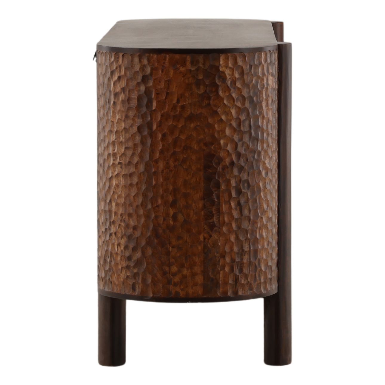 Three-door mango wood sideboard with carved geometric door detailing, natural wood finish, and concealed interior storage. Profile view
