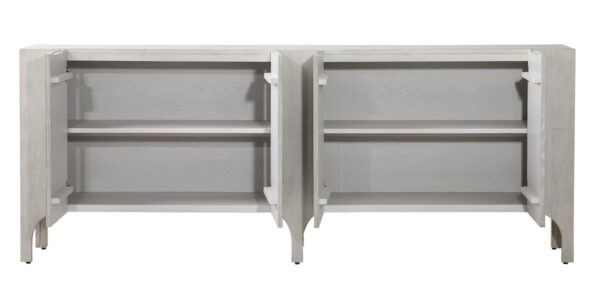 Light grey wood sideboard with doors, open