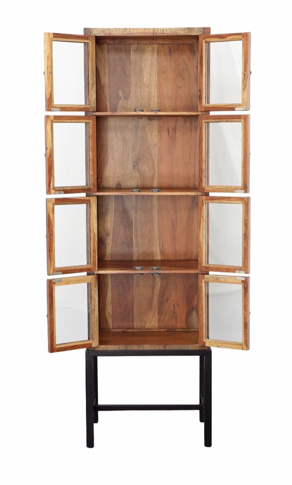Tall rustic vitrine cabinet with iron base, open