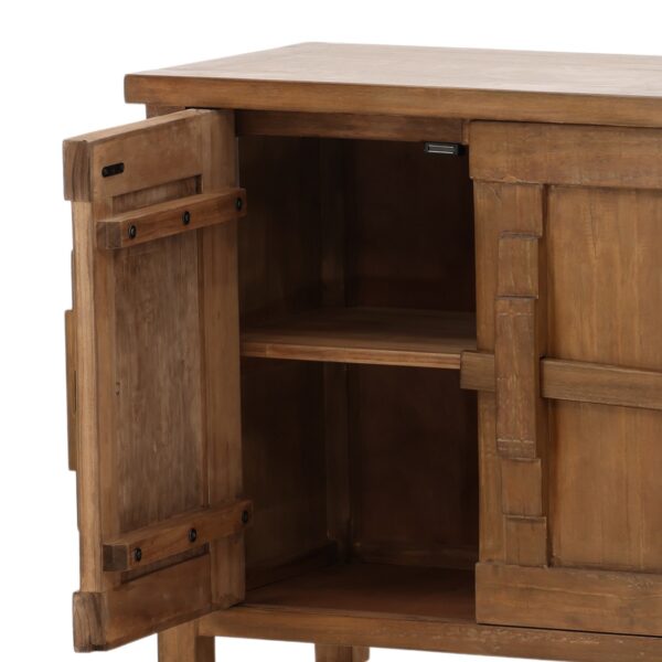 Long brown Chinese style sideboard with 6 doors with wood locks, open