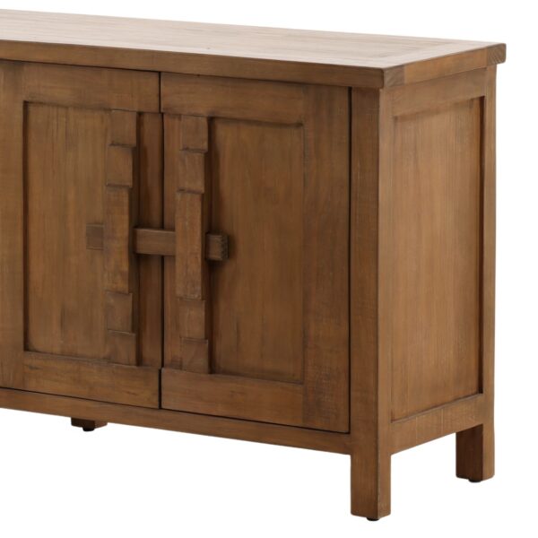 Long brown Chinese style sideboard with 6 doors with wood locks, corner detail
