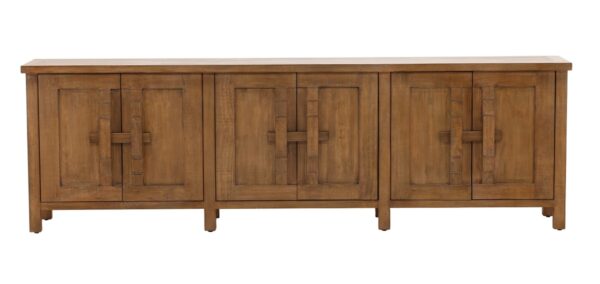 Long brown Chinese style sideboard with 6 doors with wood locks, front
