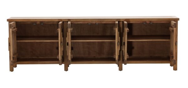 Long brown Chinese style sideboard with 6 doors with wood locks, interior