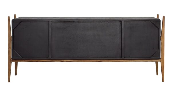 Black and brown teak sideboard media console, back