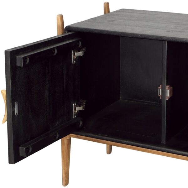 Black and brown teak sideboard media console, open