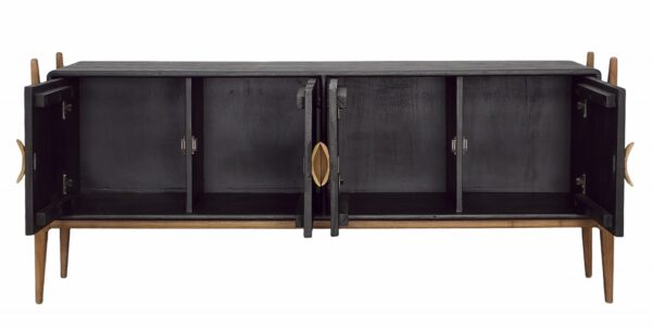 Black and brown teak sideboard media console, interior