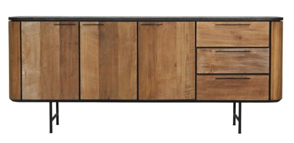 Rustic pine media console with doors and drawers, front