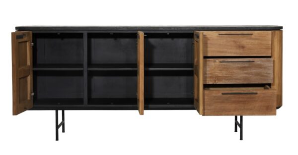 Rustic pine media console with doors and drawers, open