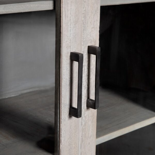 Grey wood tall cabinet with glass doors, detail of iron handles