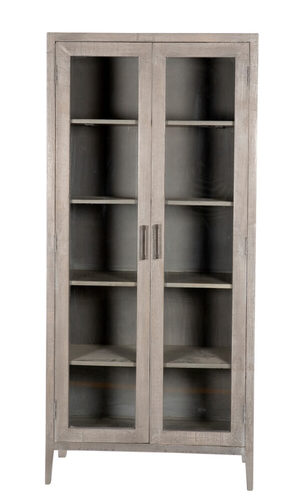 Grey wood tall cabinet with glass doors, front
