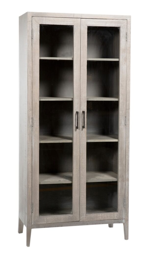 Grey wood tall cabinet with glass doors
