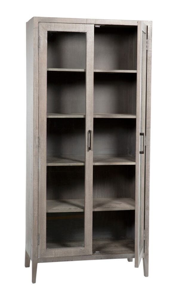 Grey wood tall cabinet with glass doors, open