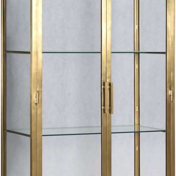 Gold iron cabinet with glass doors and shelves, detail