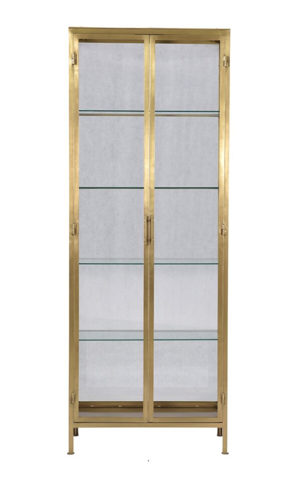 Gold iron cabinet with glass doors and shelves, front