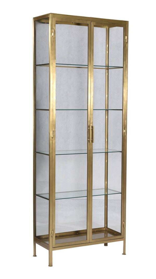 Gold iron cabinet with glass doors and shelves