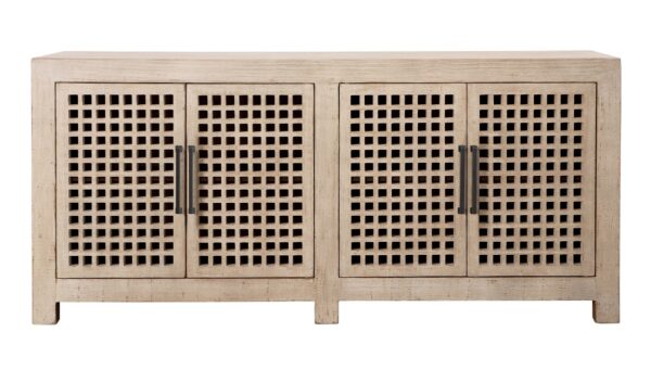 Natural wood sideboard with 4 doors with lattice detail, front