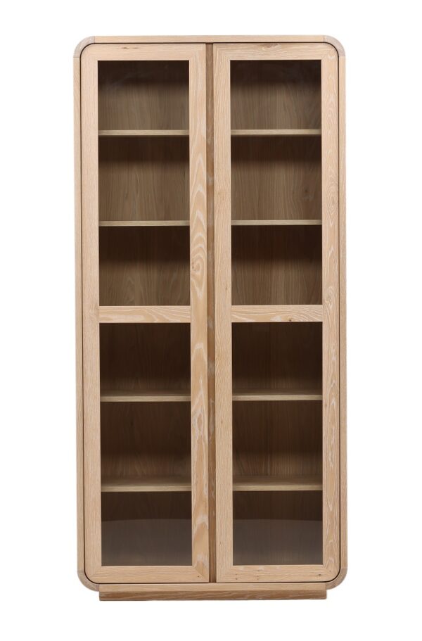 Tall cabinet with glass doors and shelves. Natural light wood color. Front