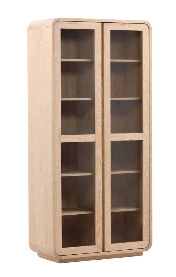 Tall cabinet with glass doors and shelves. Natural light wood color.
