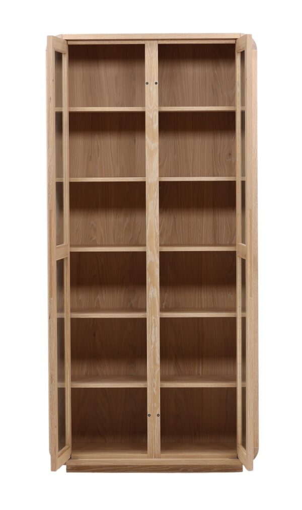Tall cabinet with glass doors and shelves. Natural light wood color., shown open