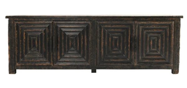 Large Sideboard is crafted from reclaimed pine and accented with sleek metal handles, front