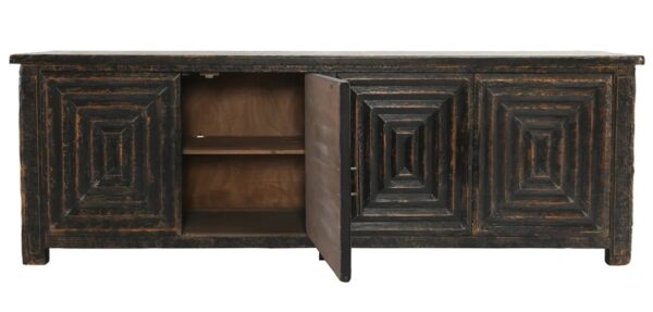 Large Sideboard is crafted from reclaimed pine and accented with sleek metal handles, open