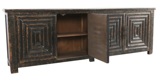 Large Sideboard is crafted from reclaimed pine and accented with sleek metal handles, open