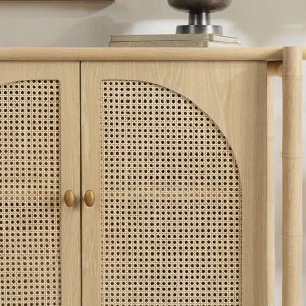 Light color oak and rattan media console with cathedral doors, front detail