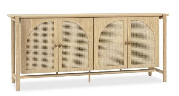 Light color oak and rattan media console with cathedral doors