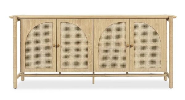 Light color oak and rattan media console with cathedral doors, front