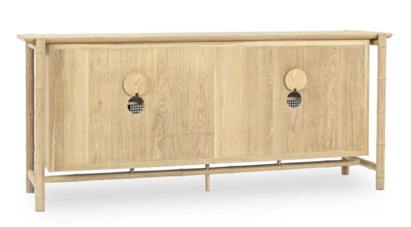 Light color oak and rattan media console with cathedral doors, back