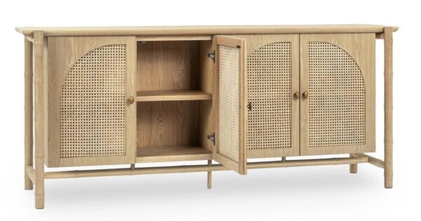 Light color oak and rattan media console with cathedral doors, open