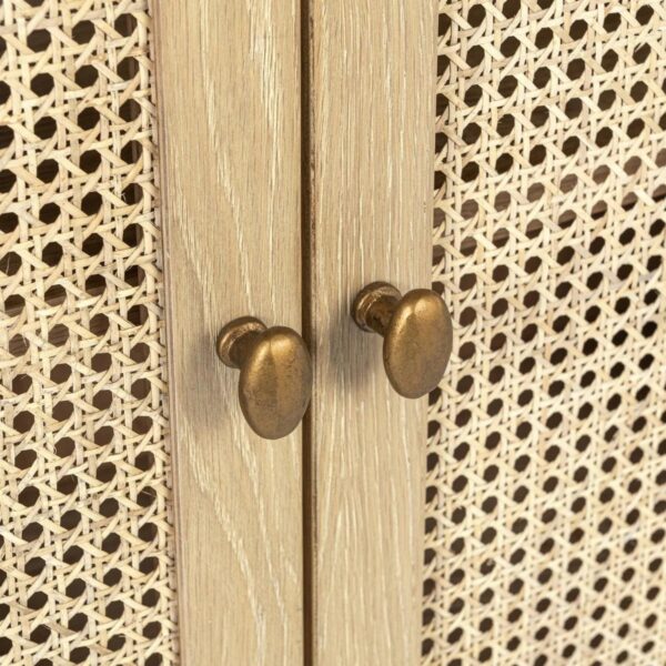 Light color oak and rattan media console with cathedral doors, door detail