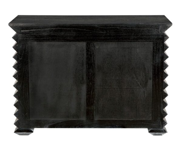 Small black sideboard with 3 drawers and zig zag detail, back